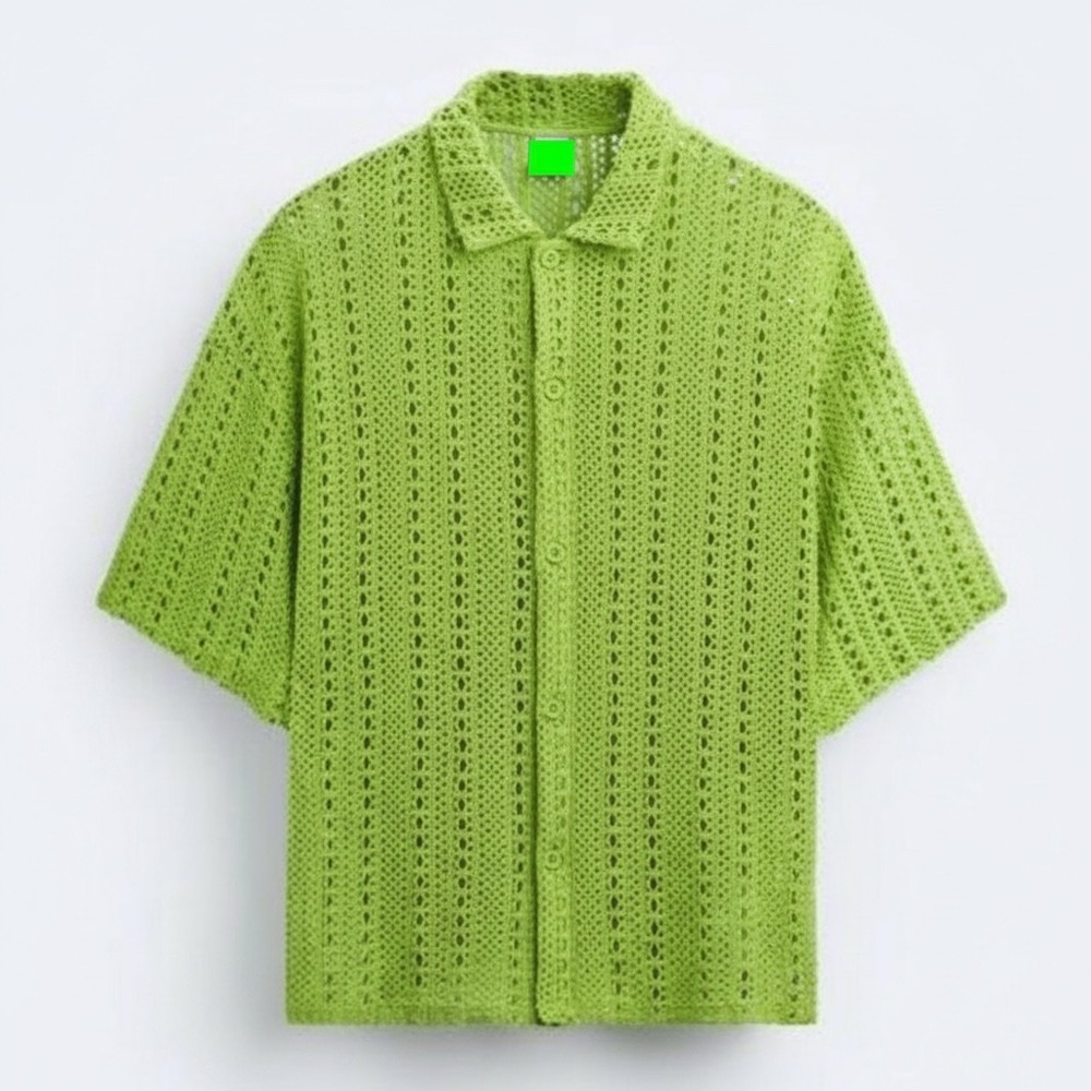 Zara Shirt Mens M Green Crochet Knit White Lotus Button Up Short Sleeve Pointel